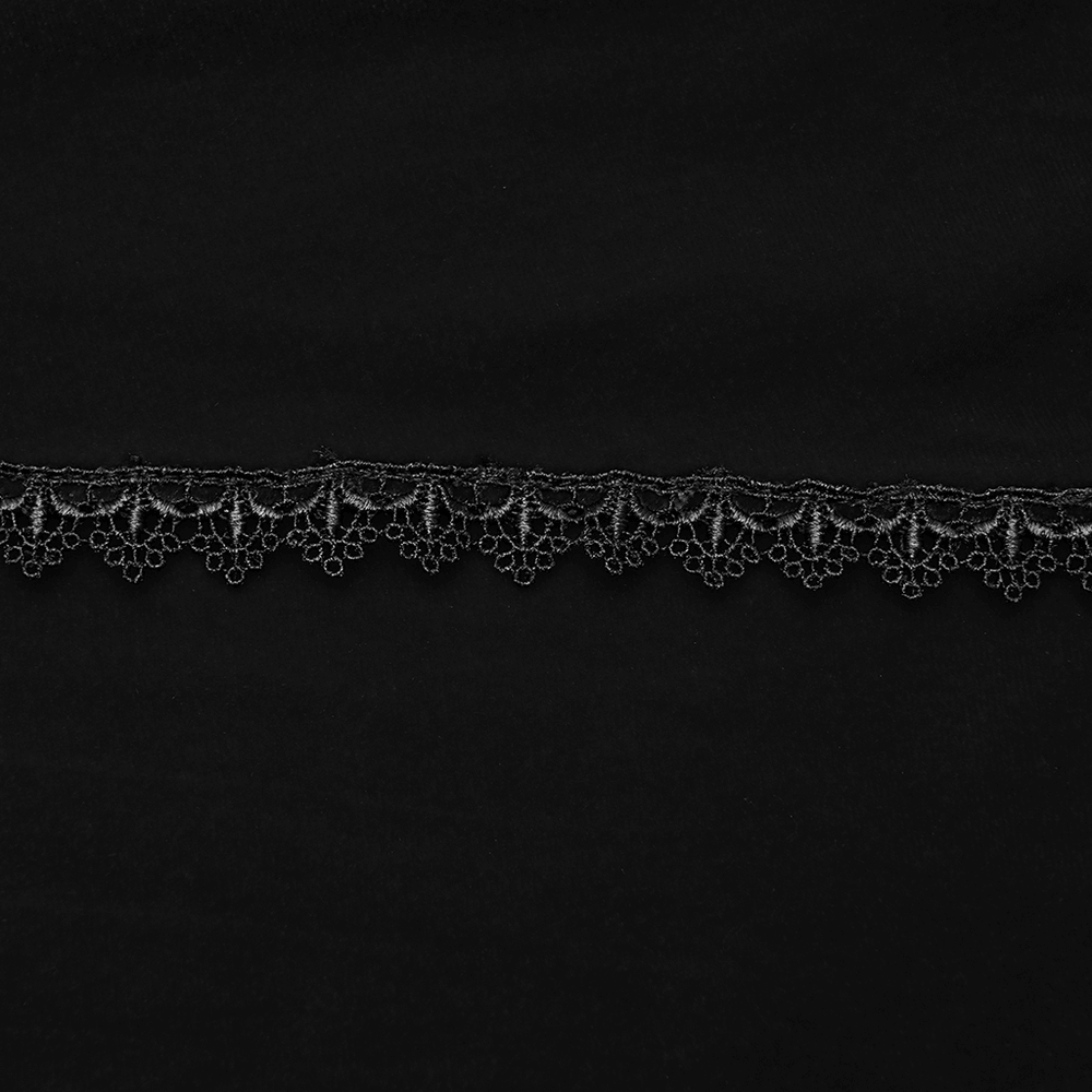 Close-up of delicate black lace trim on the Black Gothic Velvet Rose Lace High-Low Fishtail Skirt.