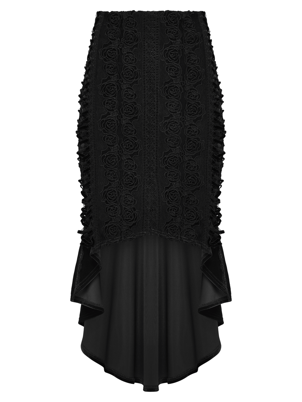Black Gothic Velvet Rose Lace High-Low Fishtail Skirt featuring lace details and high-low hemline