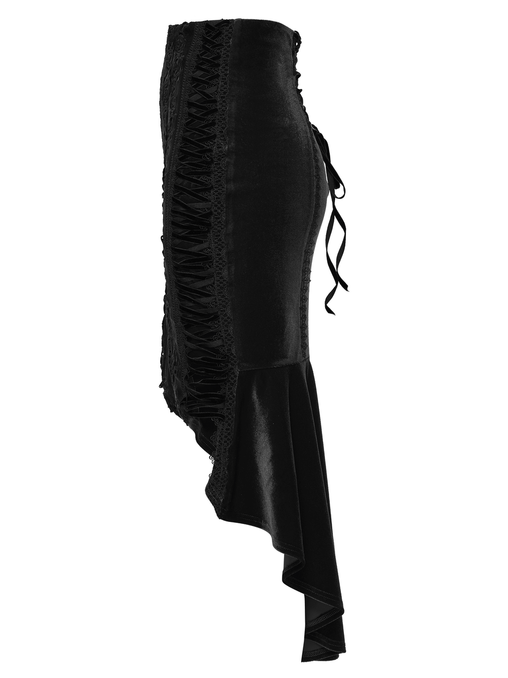 Black Gothic Velvet Rose Lace High-Low Fishtail Skirt with lace-up side details and dramatic hemline.