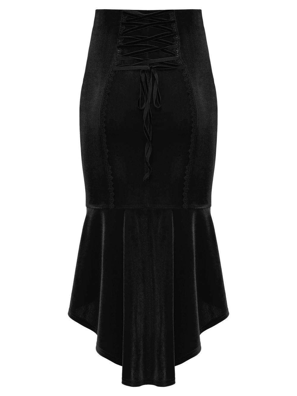 Black Gothic Velvet Rose Lace High-Low Fishtail Skirt featuring a lace-up back and elegant high-low hemline.