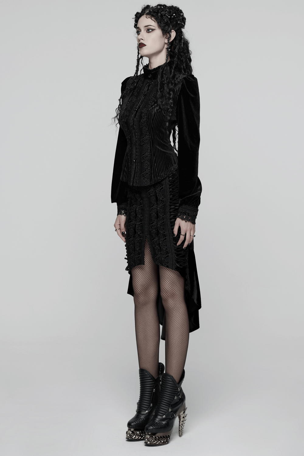 Black Gothic Velvet Rose Lace High-Low Fishtail Skirt worn with elegant gothic corset and stylish shoes