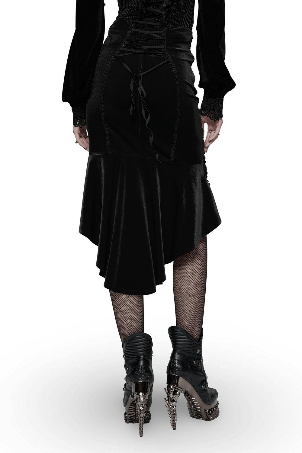 Black Gothic Velvet Rose Lace High-Low Fishtail Skirt with lace-up back and dramatic hemline.