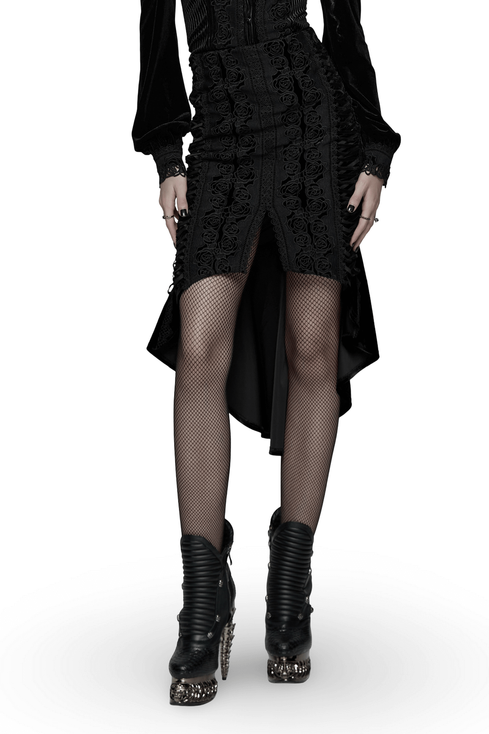 Black Gothic Velvet Rose Lace High-Low Fishtail Skirt featuring lace details and a dramatic hemline.