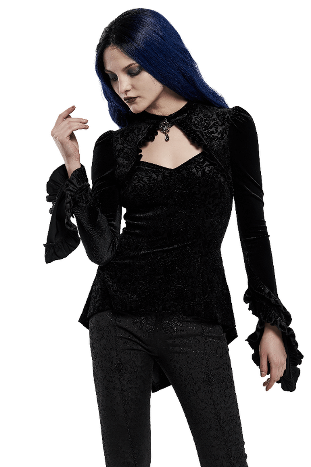 Black Gothic velvet lace-up top with shadow flower design and gothic gem brooch, perfect for dark queen vibes.