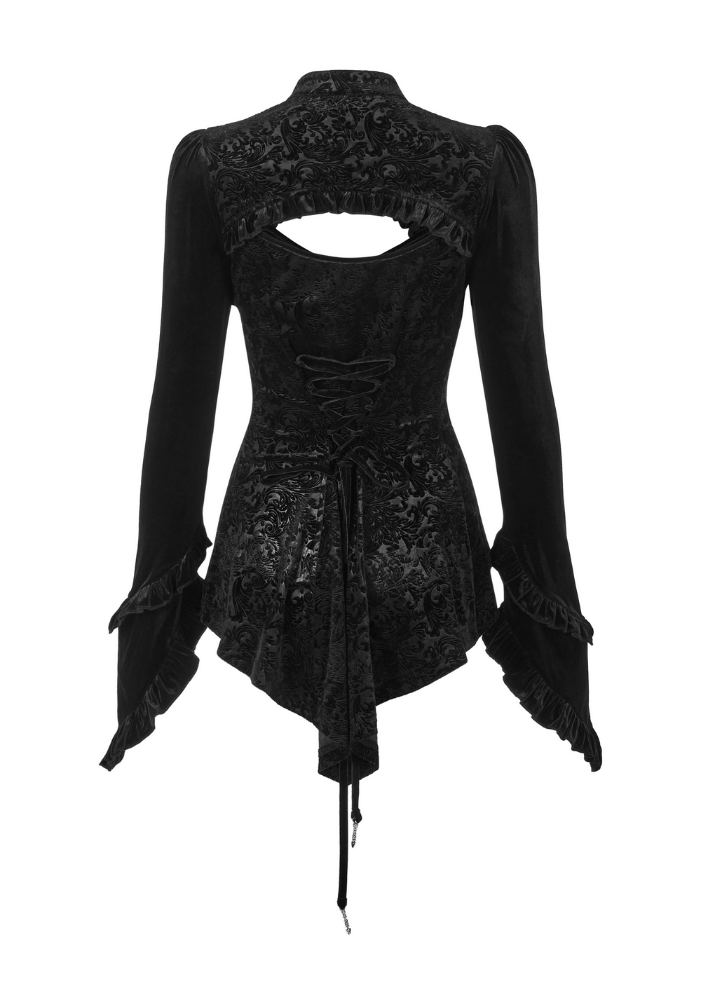 Elegant black gothic velvet lace-up top with a hollow back and ruffled sleeves, perfect for embracing dark fashion.
