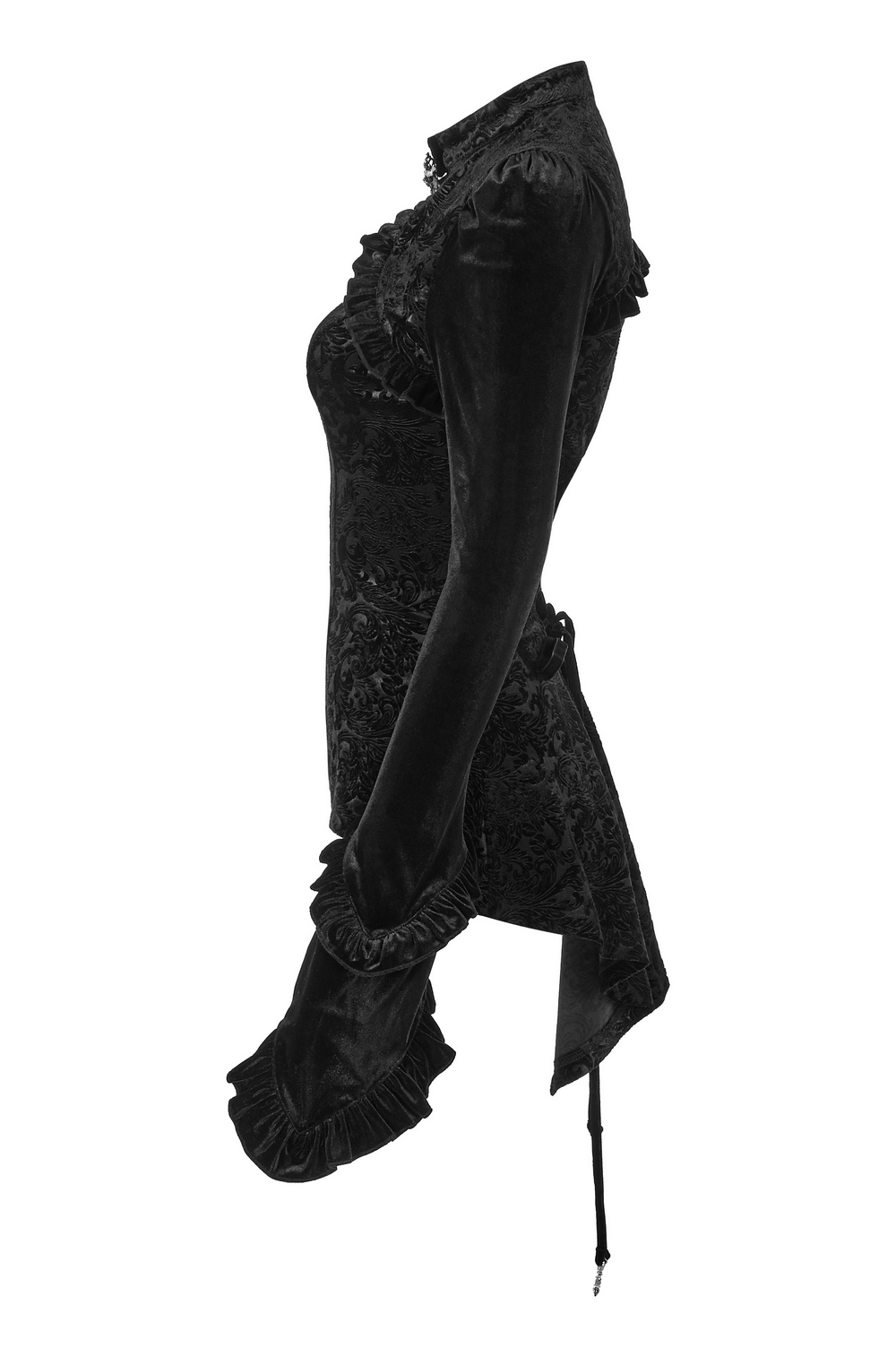 Black Gothic Velvet Shadow Flower Lace-Up Top with ruffled sleeves and ornate design, perfect for dark queen looks.