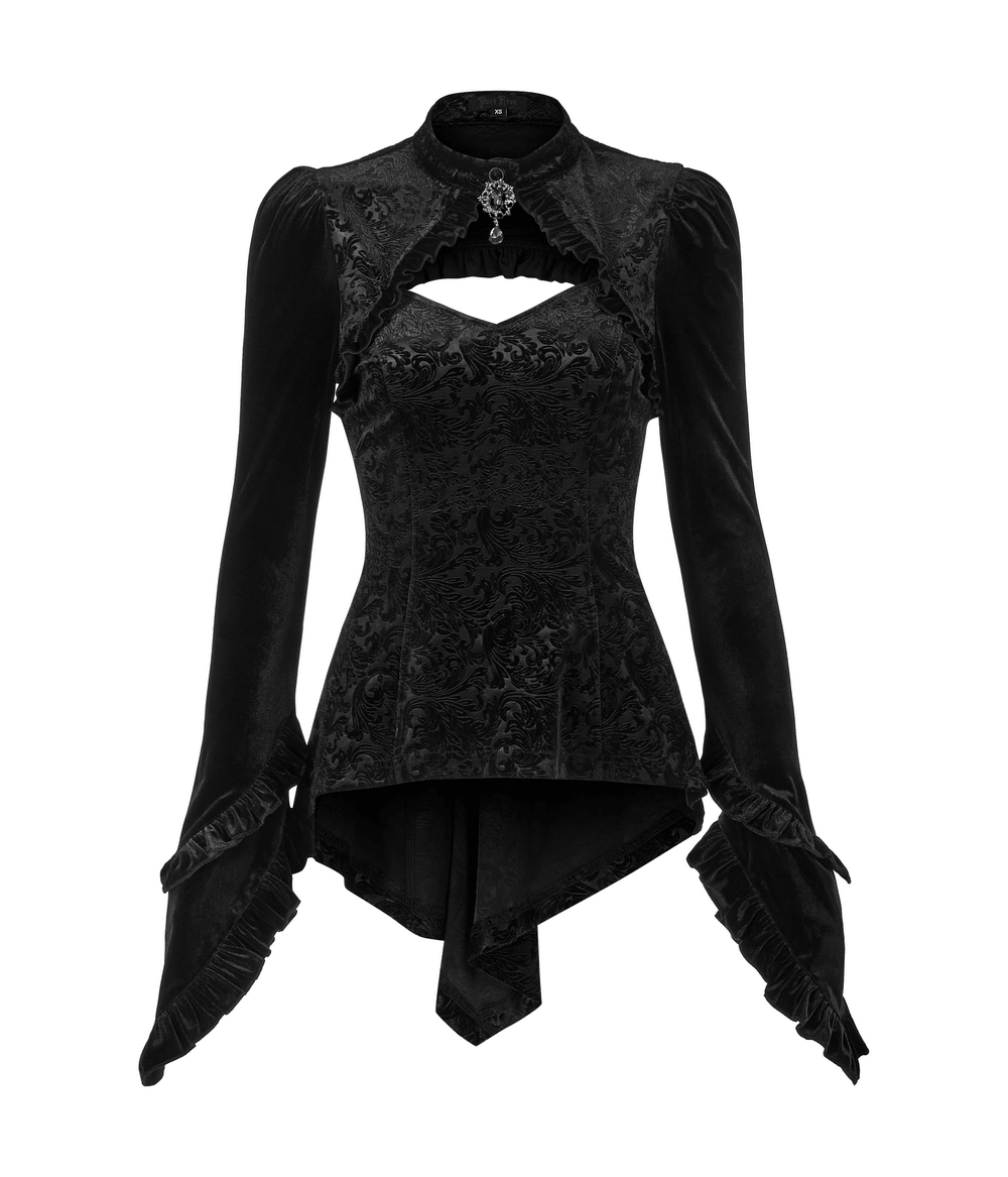 Black Gothic Velvet Lace-Up Top with Heart Brooch and Shadow Flower Design, featuring a daring hollow back and adjustable straps.