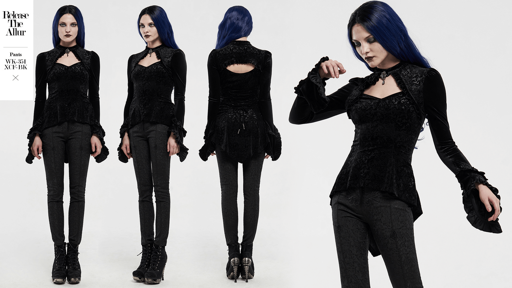 Black Gothic Velvet Shadow Flower Top with lace-up details and hollow back, styled with sleek pants and edgy boots.