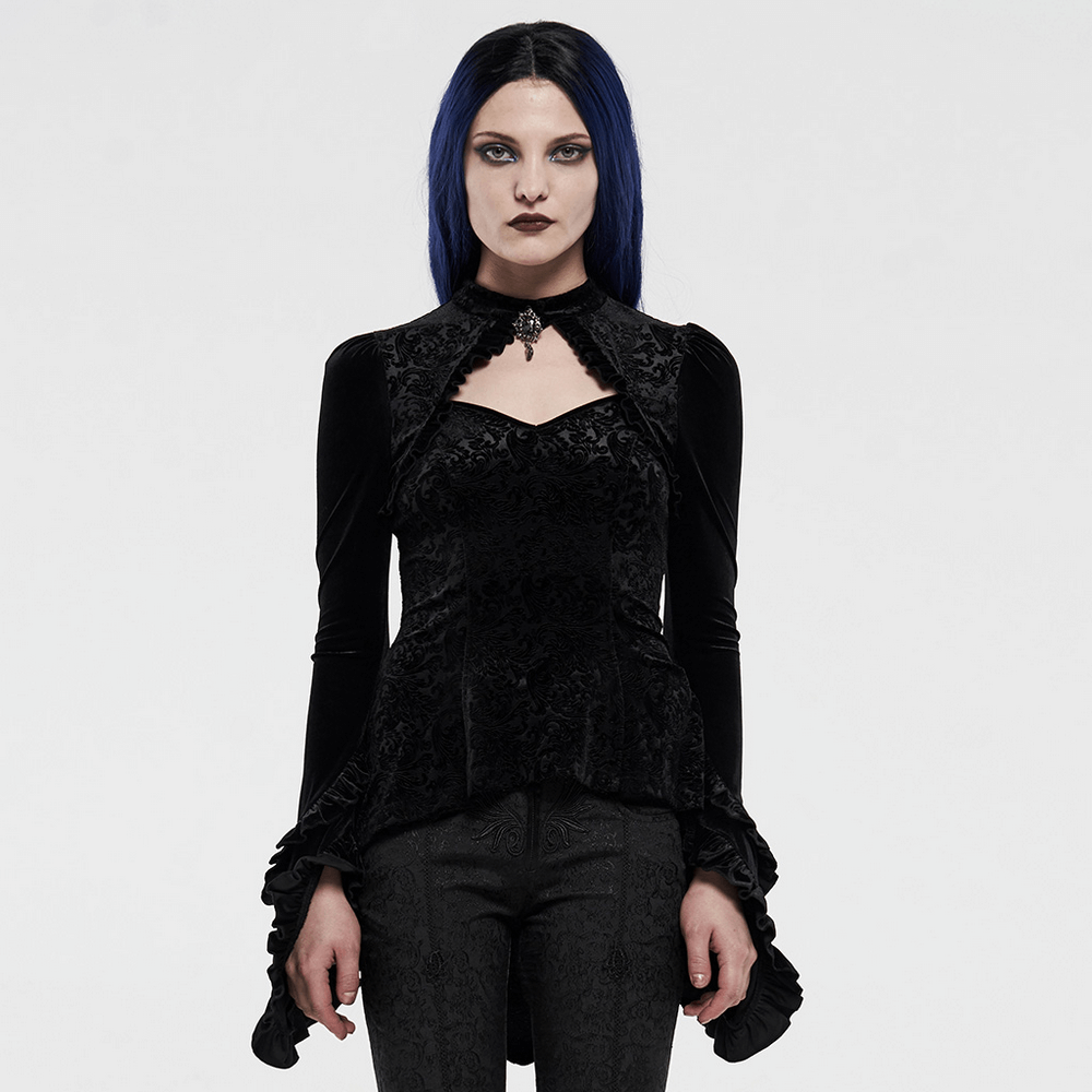 Stunning black gothic velvet lace-up top with shadow flower design, featuring heart collar and ornate brooch.