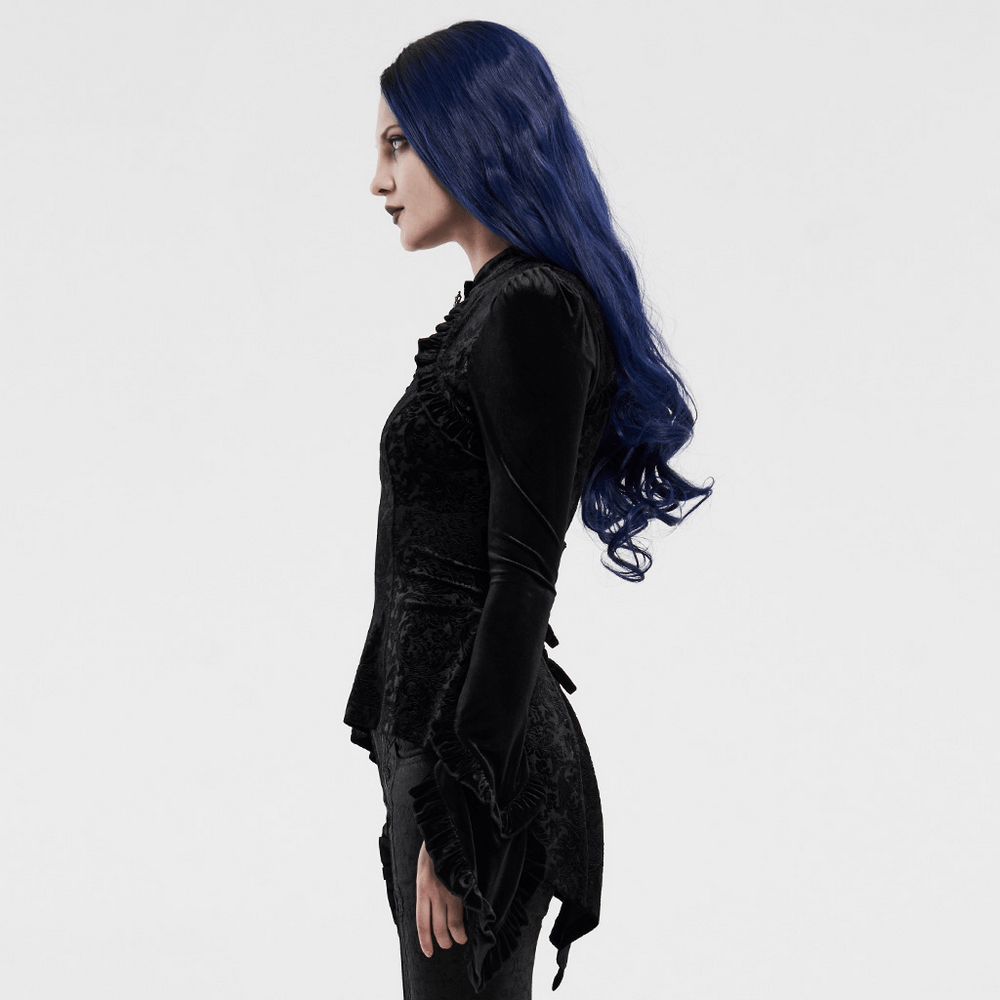 Model in a side view showcasing the Black Gothic Velvet Shadow Flower Lace-Up Top with elegant blue hair.