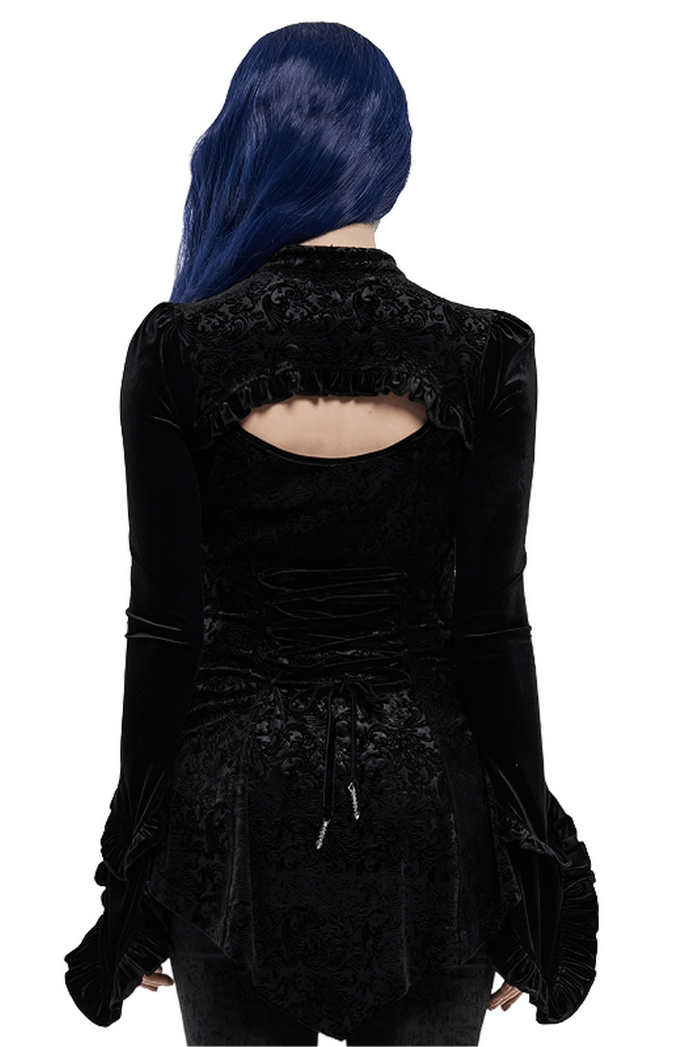 Model showcasing the back of a black gothic velvet lace-up top with a hollow back and flowing sleeves.