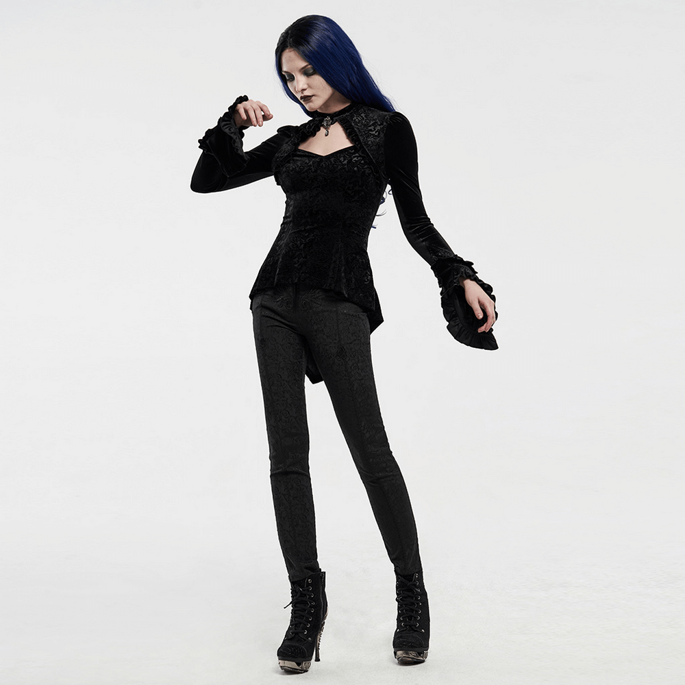 Black Gothic Velvet Top with Shadow Flower Lace, perfect for dark queen vibes and edgy fashion statements.