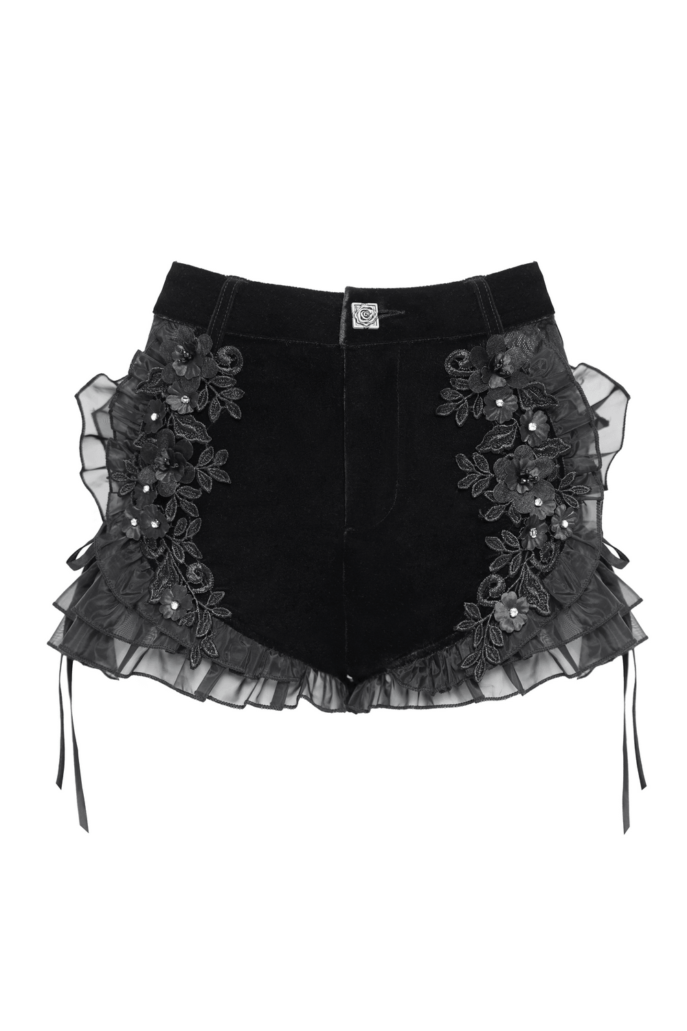 Black Gothic Velvet Shorts With Floral Ruffle Trim featuring floral appliques and lace-up details.