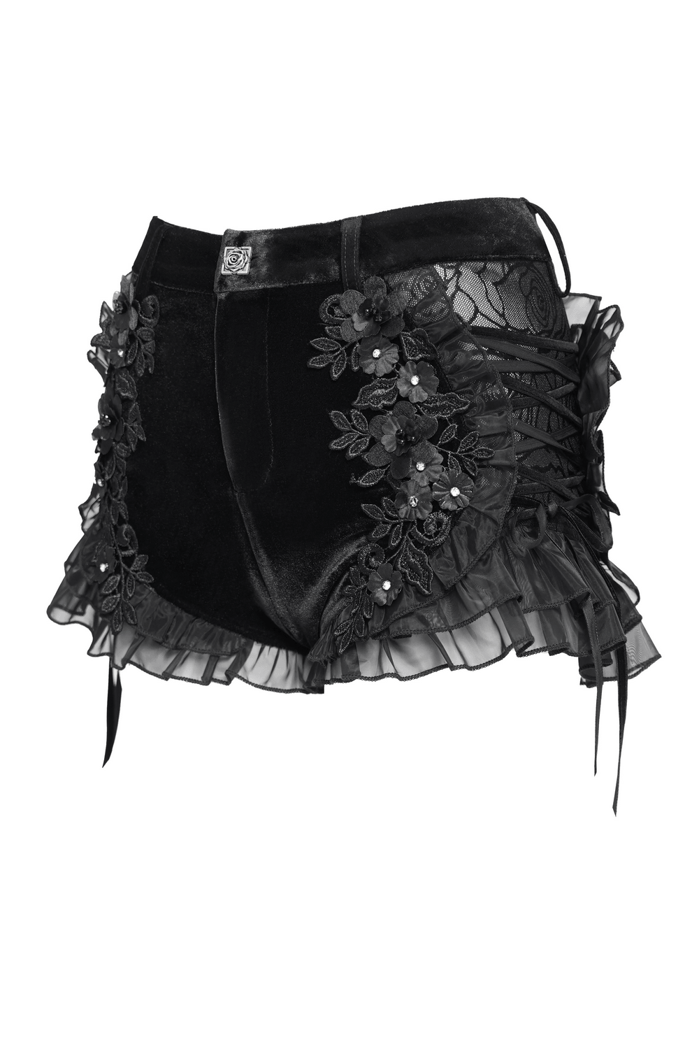 Black Gothic Velvet Shorts With Floral Ruffle Trim - Lace Up Mini Shorts with Applique and Organza Ruffles