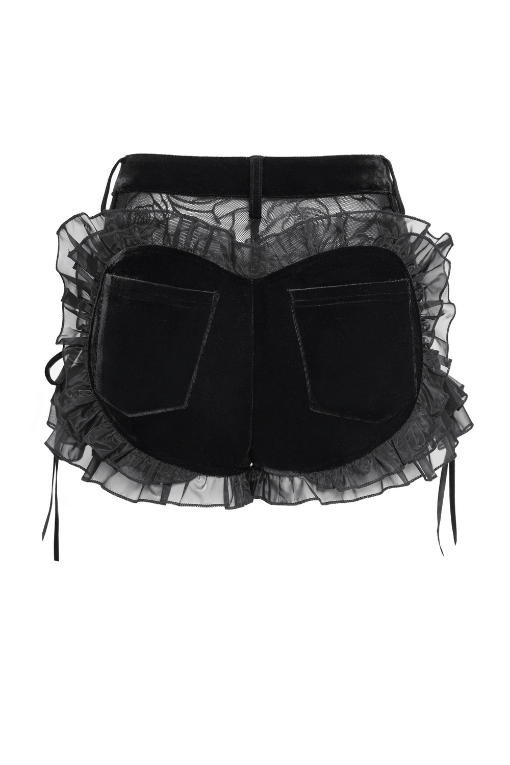 Black Gothic Velvet Shorts With Floral Ruffle Trim featuring lace-up ties and sheer ruffle trim at the hem.