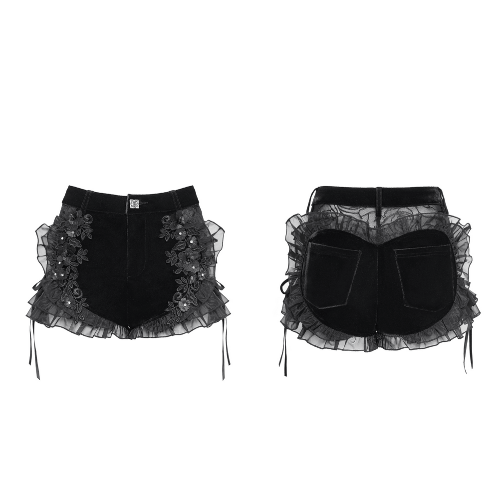 Black Gothic Velvet Shorts With Floral Ruffle Trim showcasing lace-up design and dramatic ruffle accents.