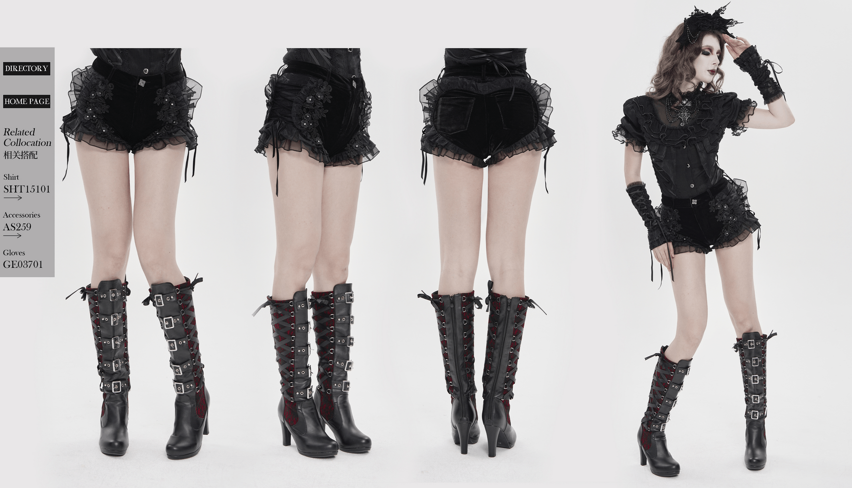 Black Gothic Velvet Shorts With Floral Ruffle Trim showcased with lace-up details and stylish knee-high boots.