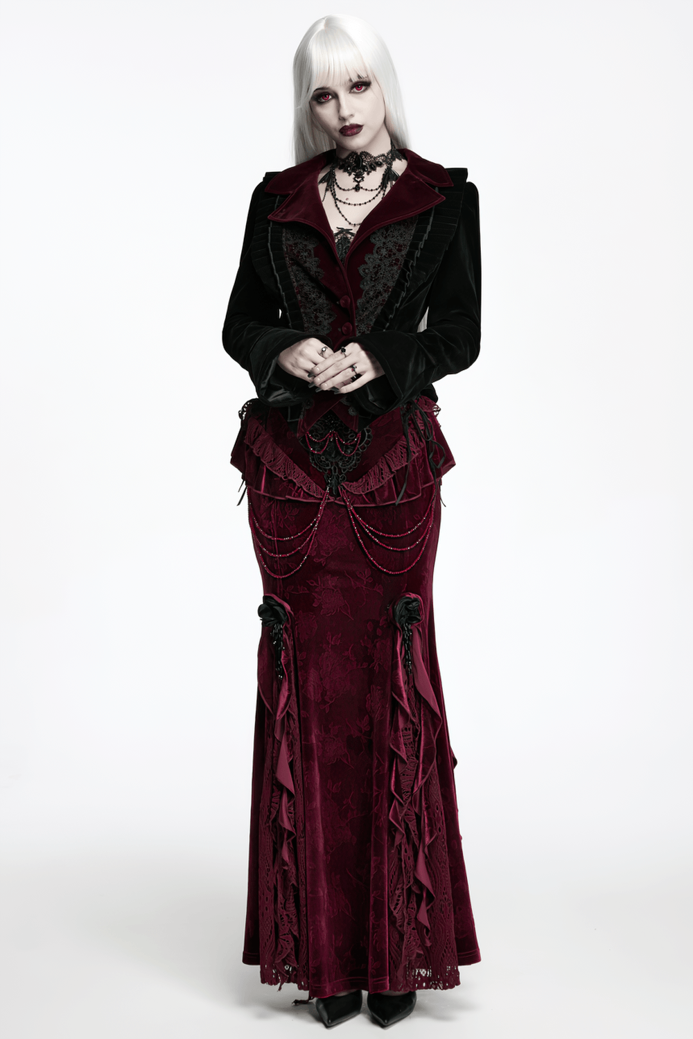 Black Gothic Velvet Tailcoat with Burgundy Lace Panels worn elegantly with a dramatic gothic skirt and accessories.
