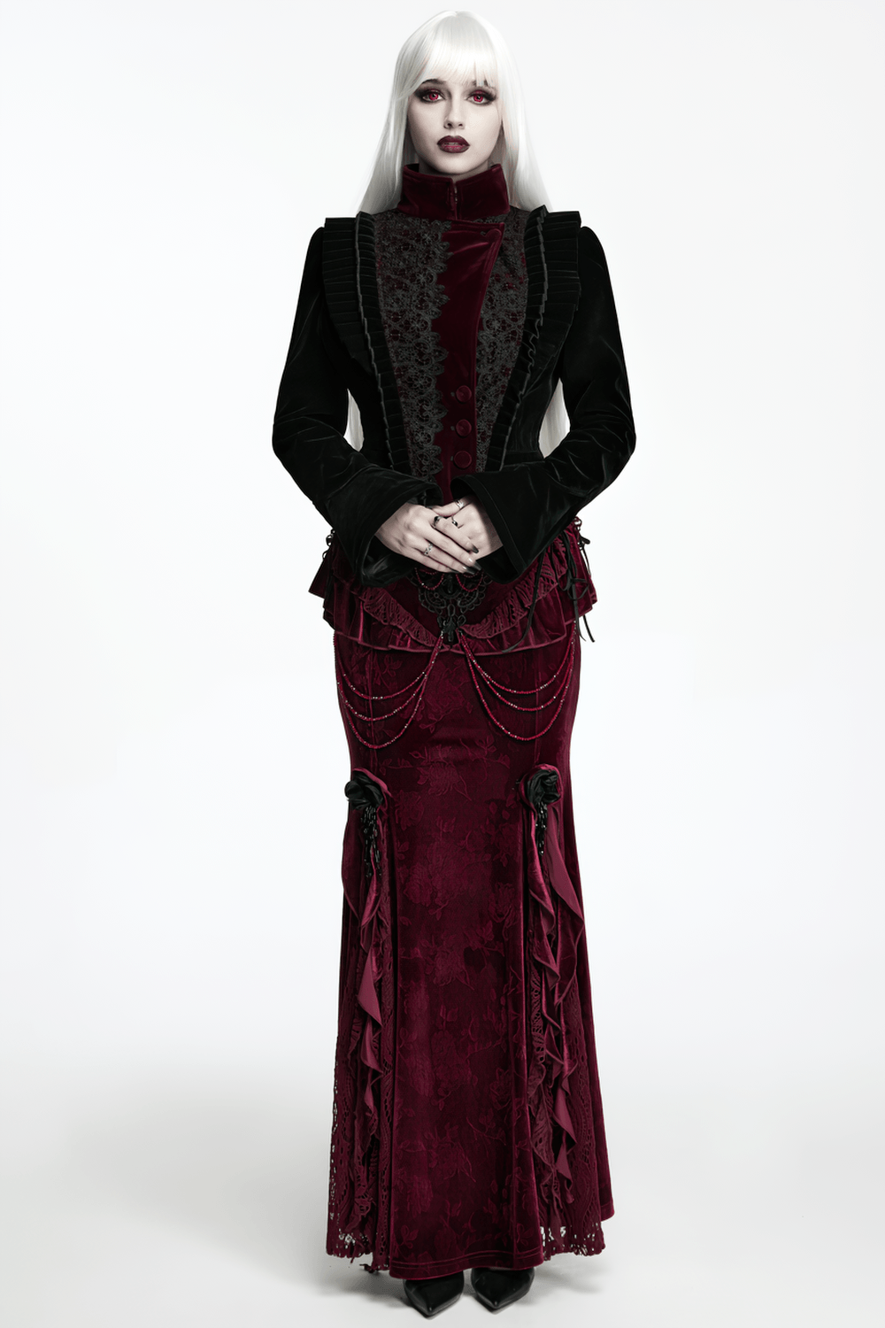Black Gothic Velvet Tailcoat with Burgundy Lace Panels worn by model in elegant pose.