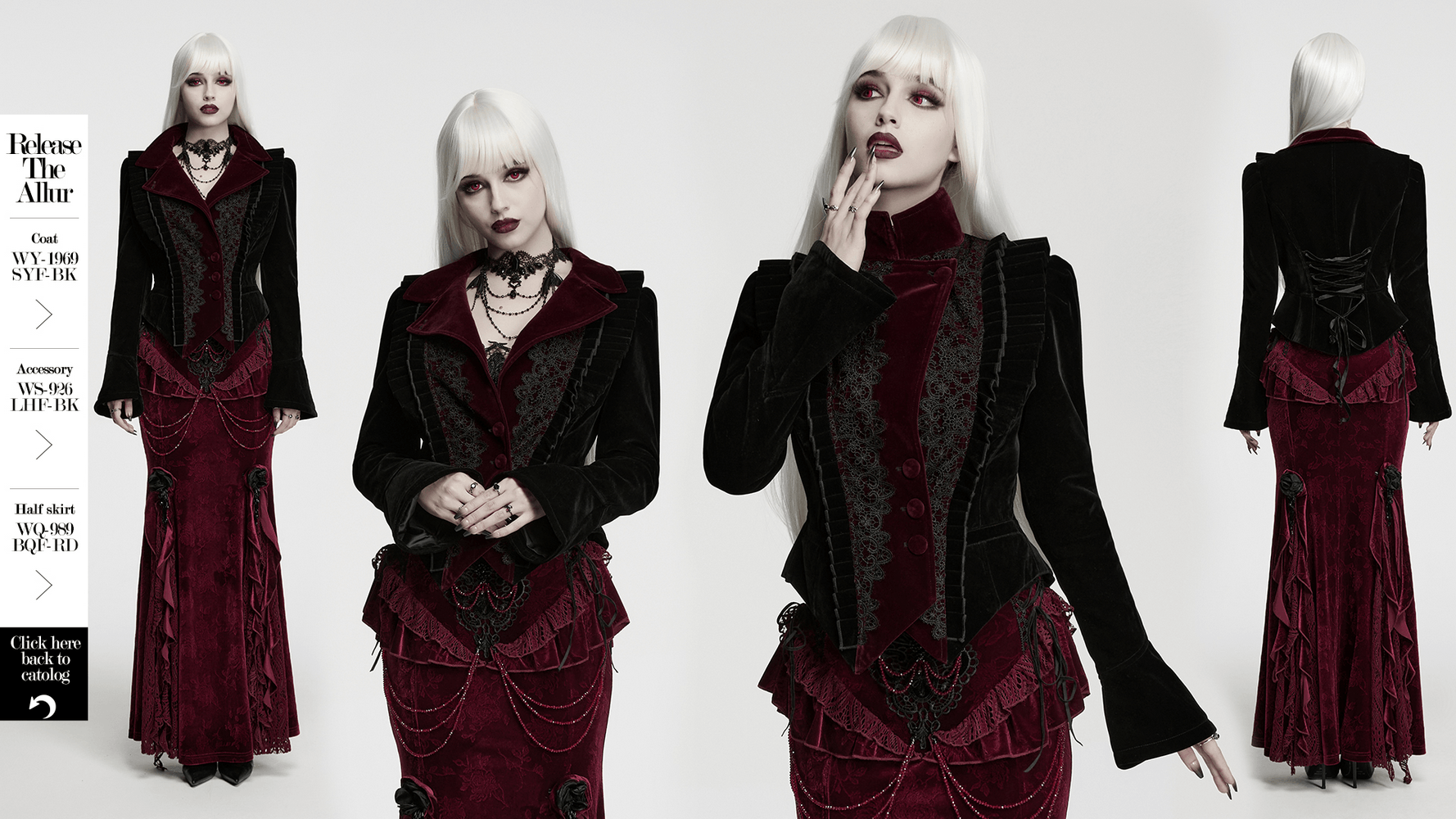 Black Gothic Velvet Tailcoat with Burgundy Lace Panels worn with dramatic gothic flair and elegant details.