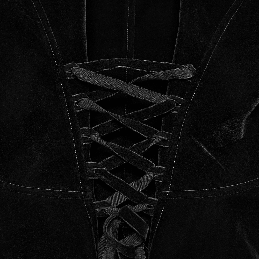 Lace-up detail of Black Gothic Velvet Tailcoat with Burgundy Lace Panels showcasing elegant corset back design.