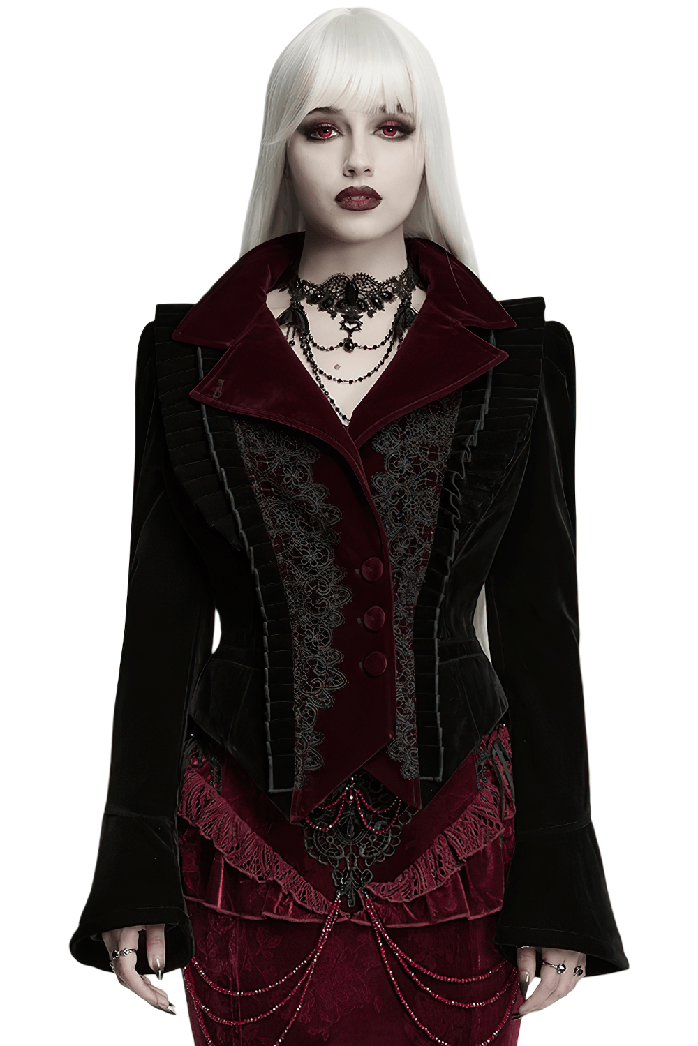Black Gothic Velvet Tailcoat with Burgundy Lace Panels displayed on a model with dark makeup and elegant accessories.
