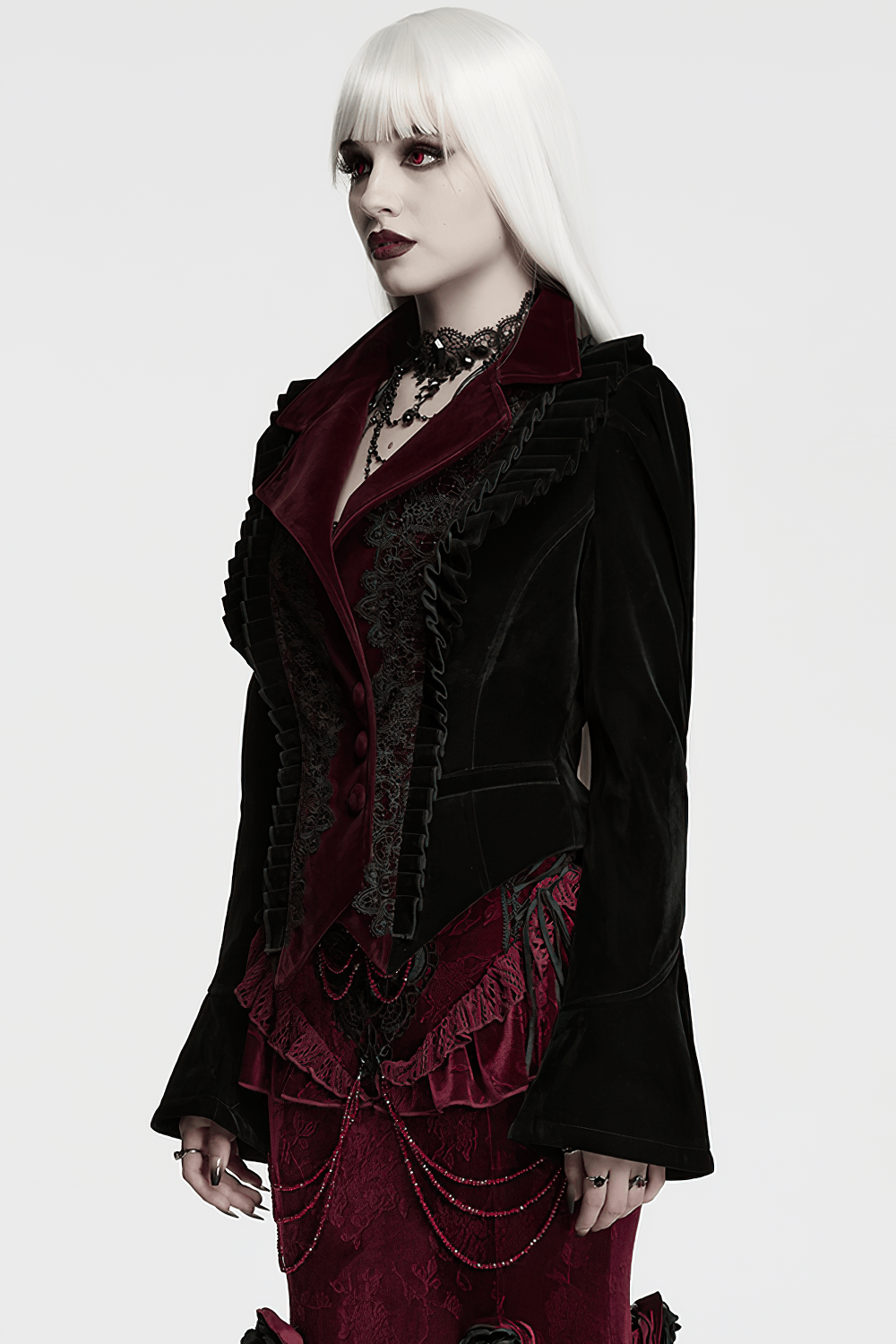 Black Gothic Velvet Tailcoat with Burgundy Lace Panels showcases dramatic Victorian style and elegance.