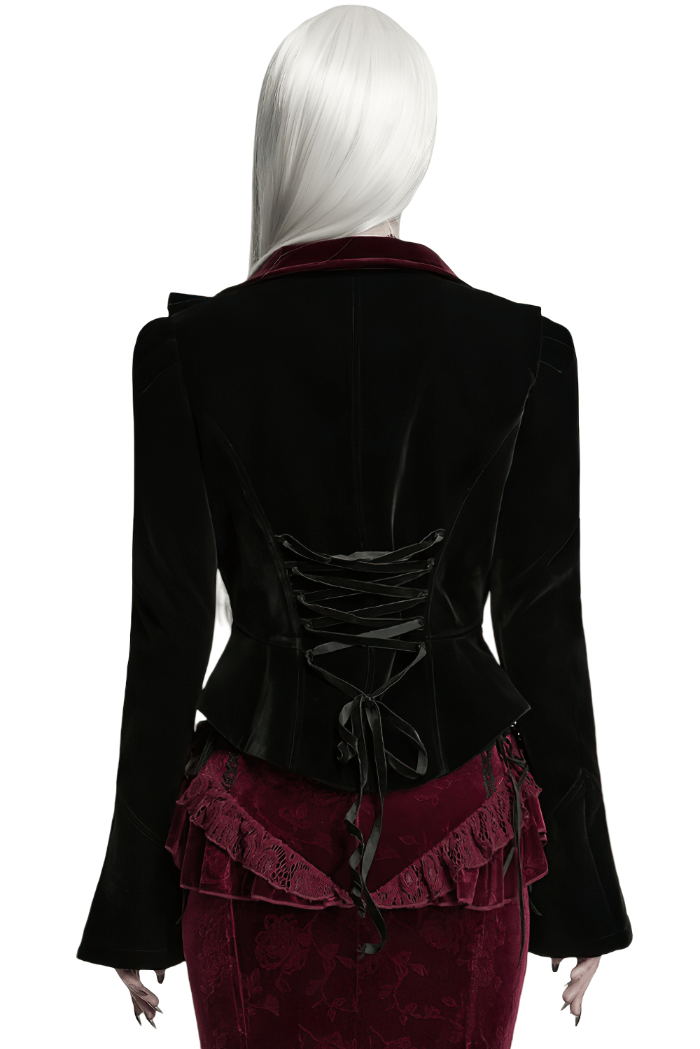 Black Gothic Velvet Tailcoat with Burgundy Lace Panels back view showcasing corset details and flared sleeves.