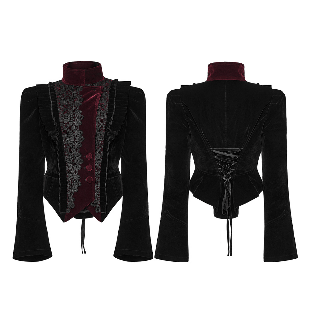 Black Gothic Velvet Tailcoat with Burgundy Lace Panels showcasing elegant flared sleeves and corset back design.