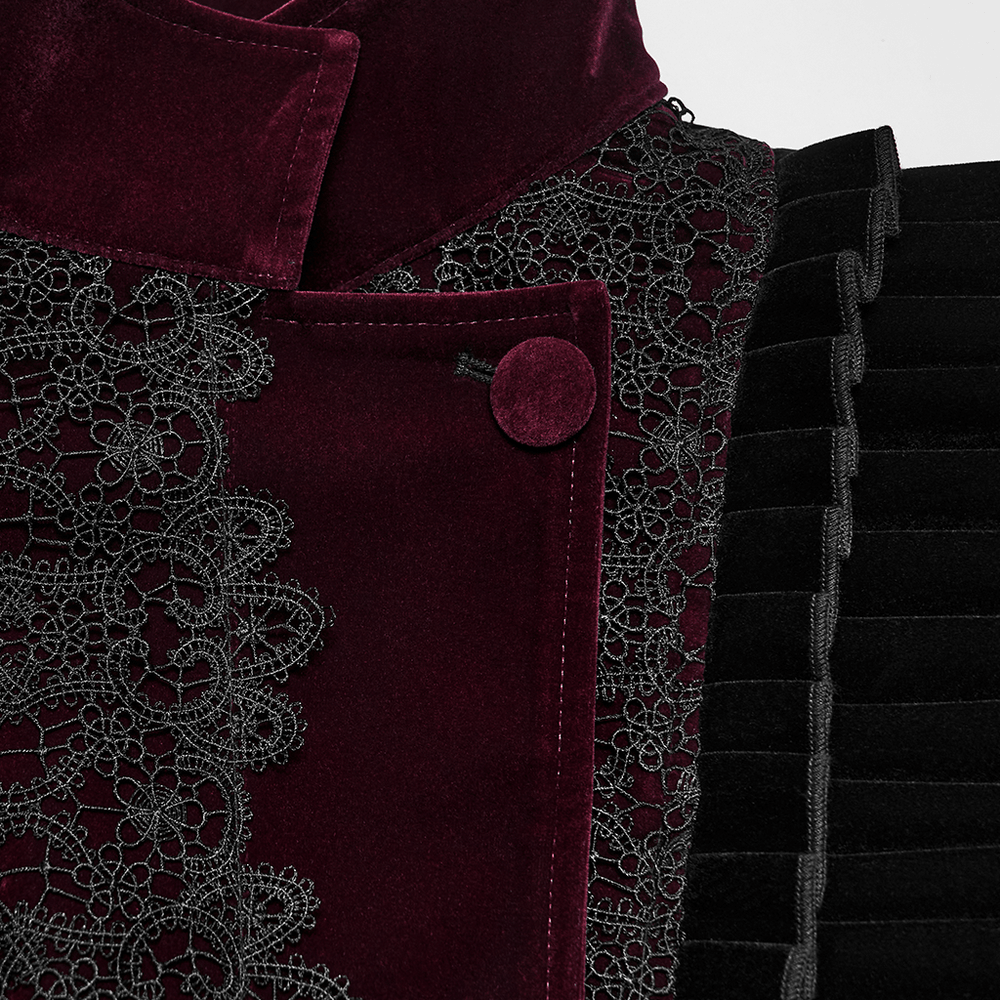 Black Gothic Velvet Tailcoat with Burgundy Lace Panels detailing close-up, showcasing intricate lace and velvet textures.