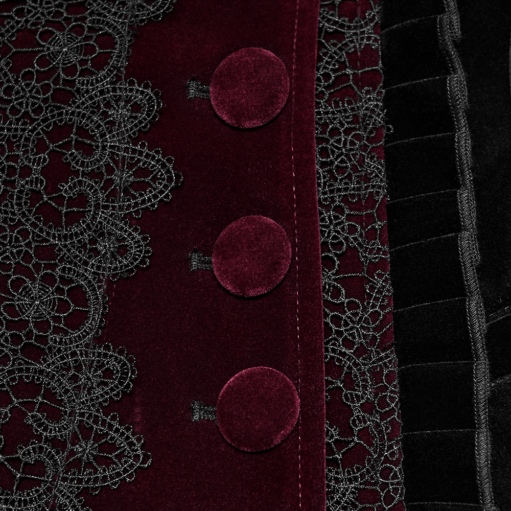 Black Gothic Velvet Tailcoat with Burgundy Lace Panels detailing buttons and lace accents.