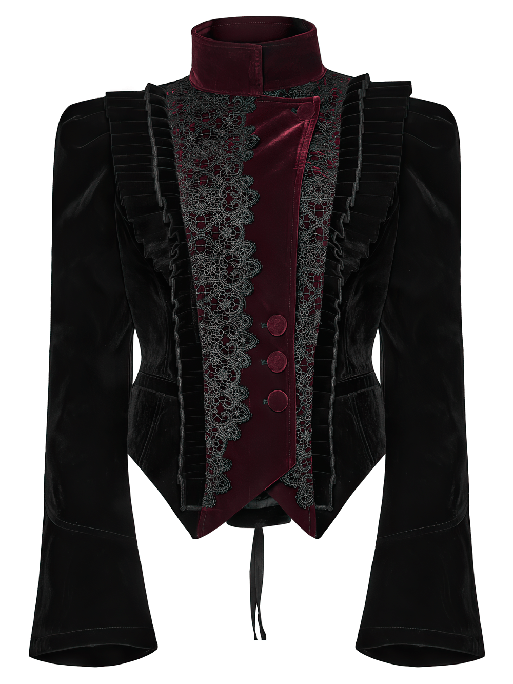 Black Gothic Velvet Tailcoat with Burgundy Lace Panels featuring ornate lace and flared sleeves for dramatic style.