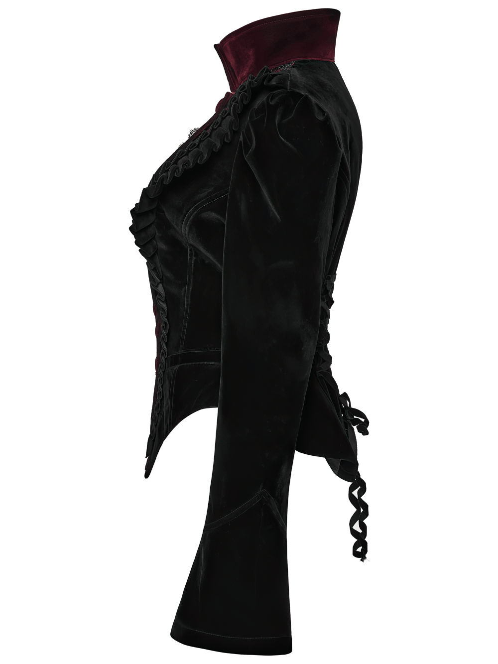 Black Gothic Velvet Tailcoat with Burgundy Lace Panels side view showcasing flared sleeves and corset back details.