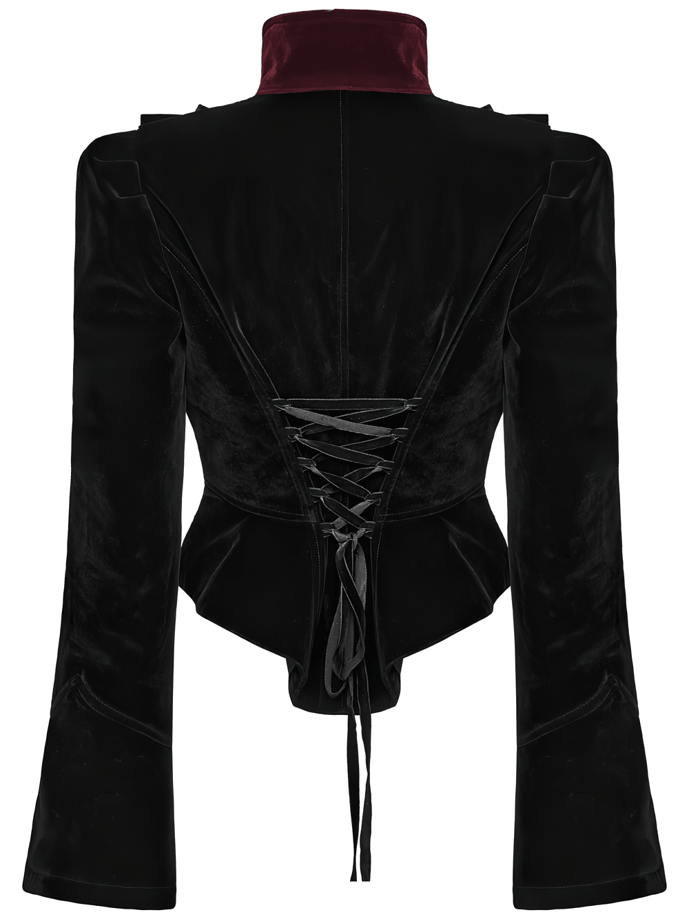 Black Gothic Velvet Tailcoat with Burgundy Lace Panels back view showcasing corset design and flared sleeves.