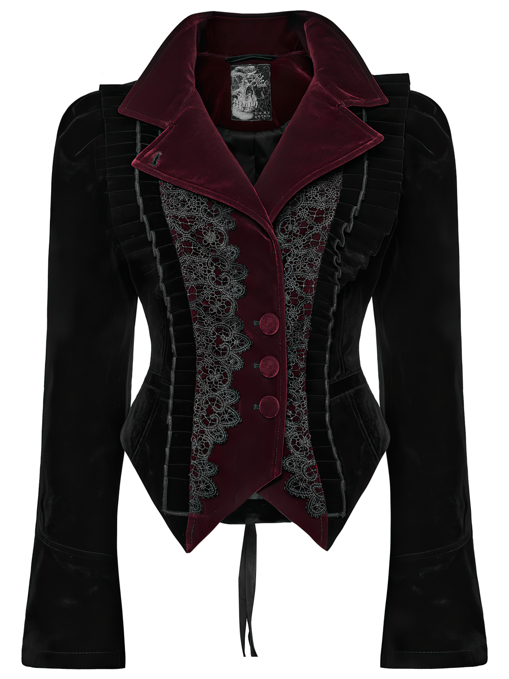 Black Gothic Velvet Tailcoat with Burgundy Lace Panels featuring ruffled detailing and cinched waist.