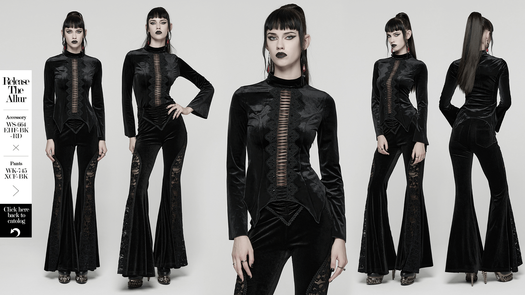 Black Gothic Velvet Top with Lace and Stud Details worn with matching flared pants in a stylish gothic photo shoot.