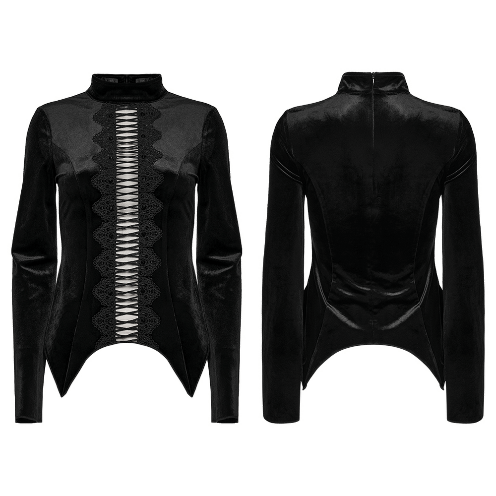 Black Gothic Velvet Top with Lace and Stud Details showcasing elegant lace, studs, and a sleek collar.