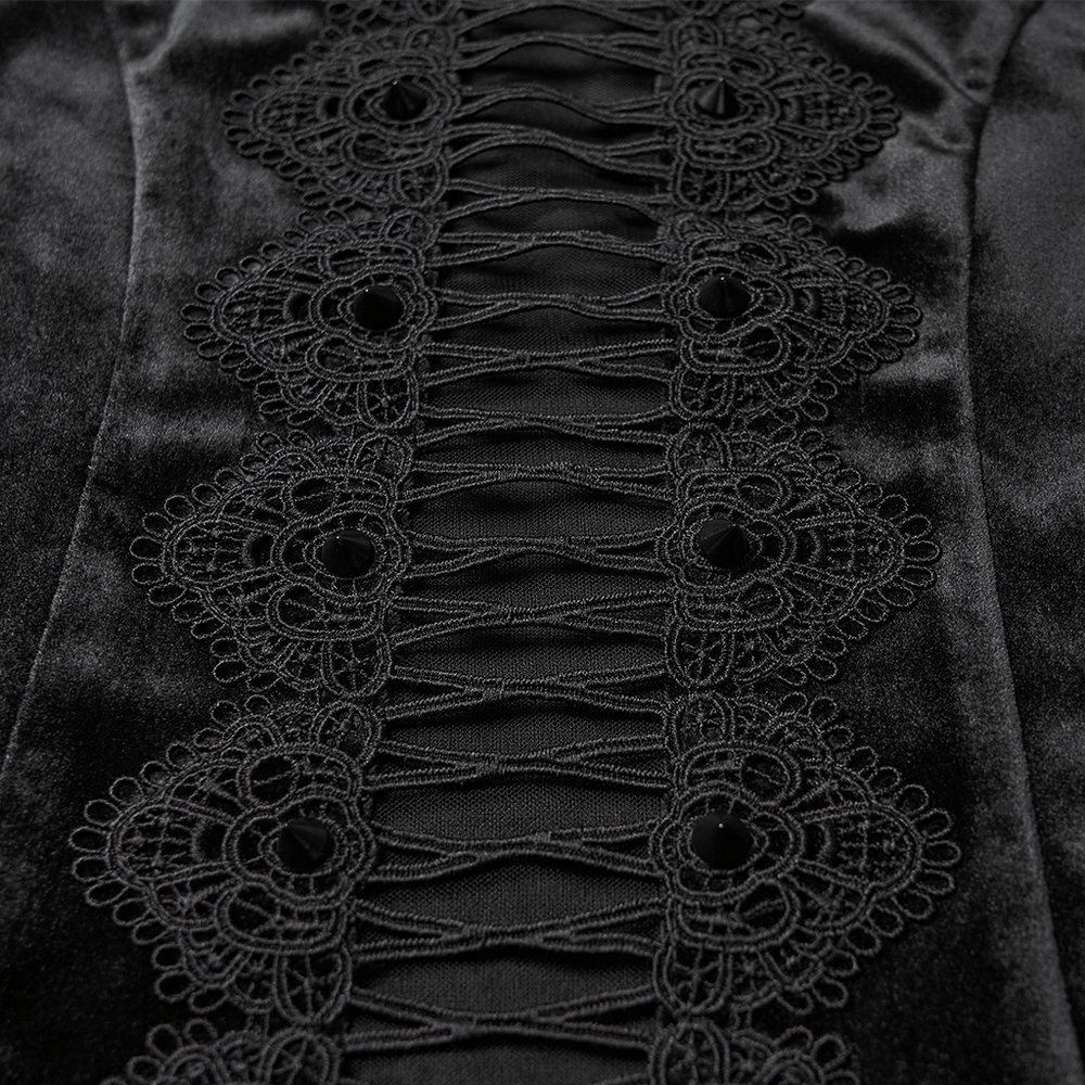 Black Gothic Velvet Top with Lace and Stud Details showcasing intricate hollow lace and velvet texture.