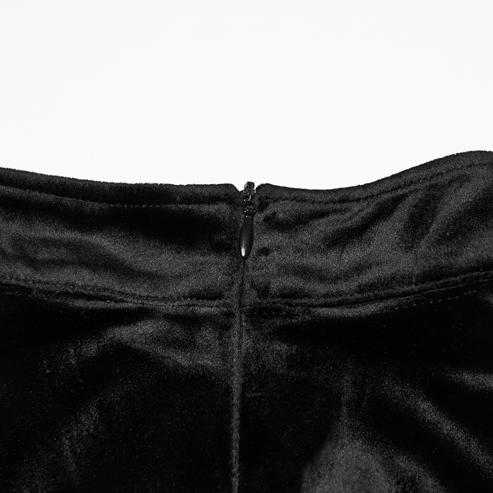 Black Gothic Velvet Top with Lace and Stud Details back zipper detail, showcasing the luxurious velvet fabric.