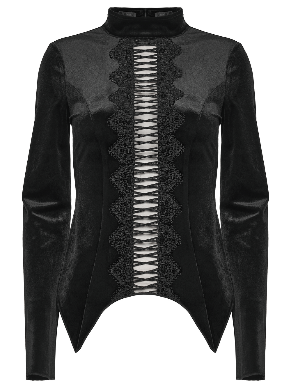 Black Gothic Velvet Top with Lace and Stud Details showcasing intricate lace and stud accents.
