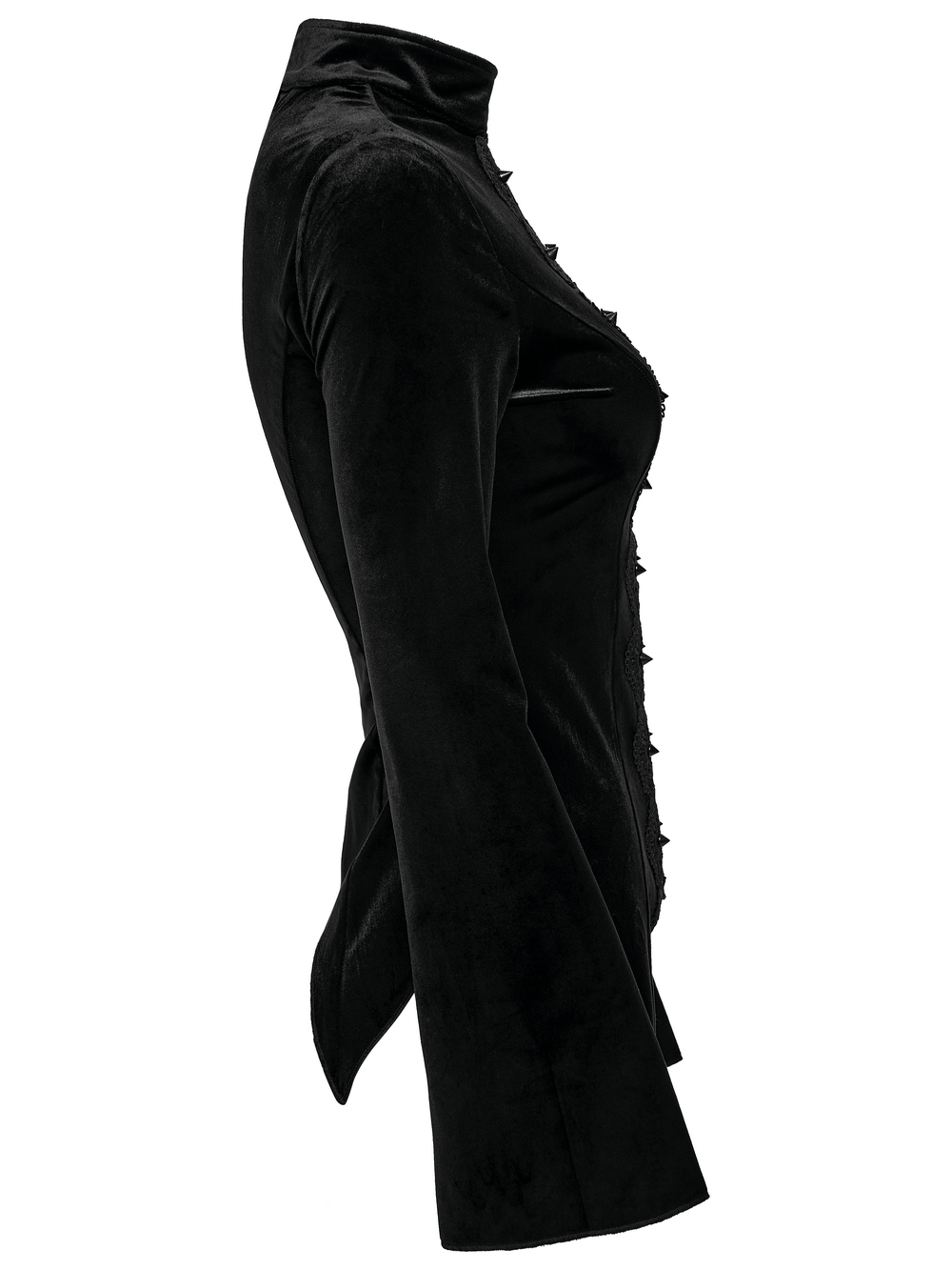 Black Gothic Velvet Top with Lace and Stud Details side view showcasing velvet texture and stand collar.