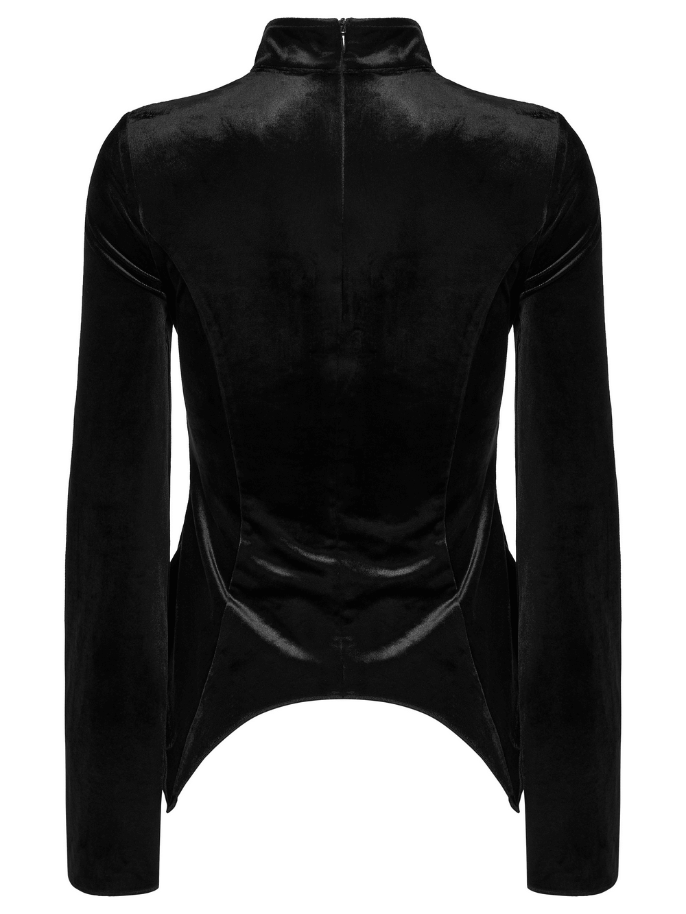 Black Gothic Velvet Top with Lace and Stud Details - back view showcasing sleek design and stand collar.