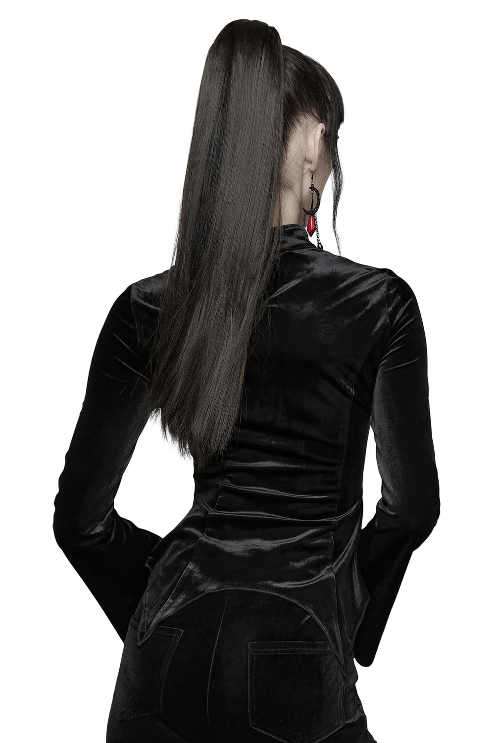 Back view of a model wearing a Black Gothic Velvet Top with Lace and Stud Details, showcasing its sleek design.