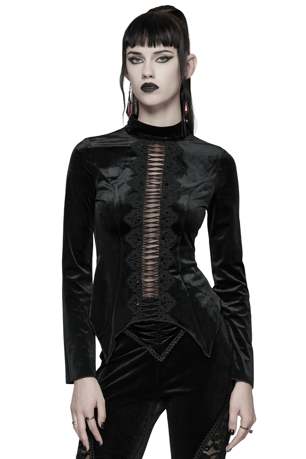 Black Gothic Velvet Top with Lace and Stud Details, featuring a stand collar and hollow lace design.