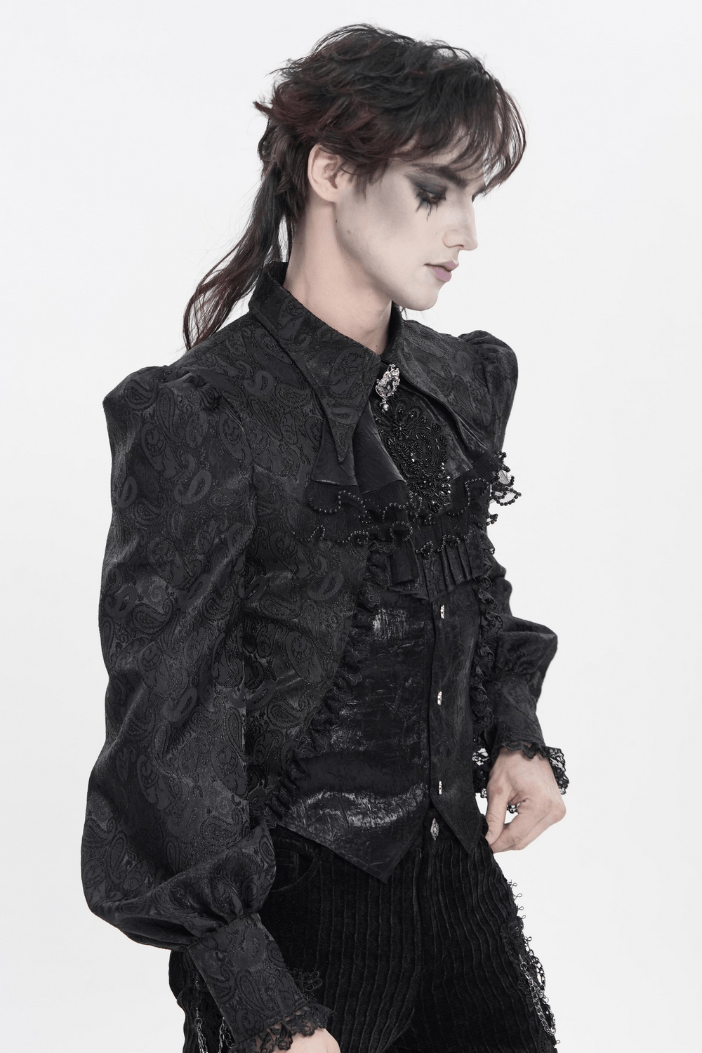 Black Gothic Victorian Jabot Collar With Brooch model showcasing unique details and elegant design.
