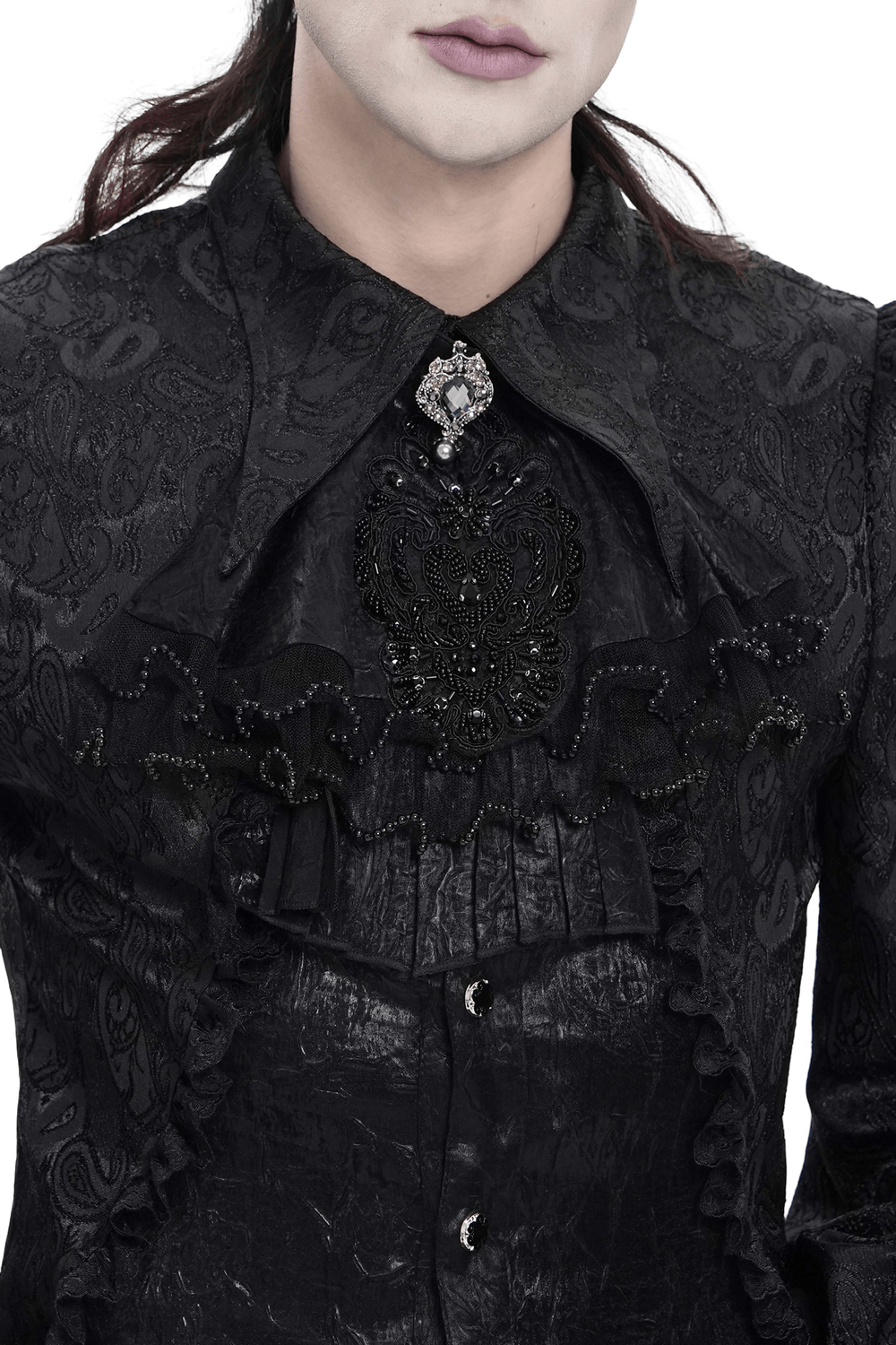 Black Gothic Victorian Jabot Collar With Brooch displayed on model, featuring intricate details and elegant design.