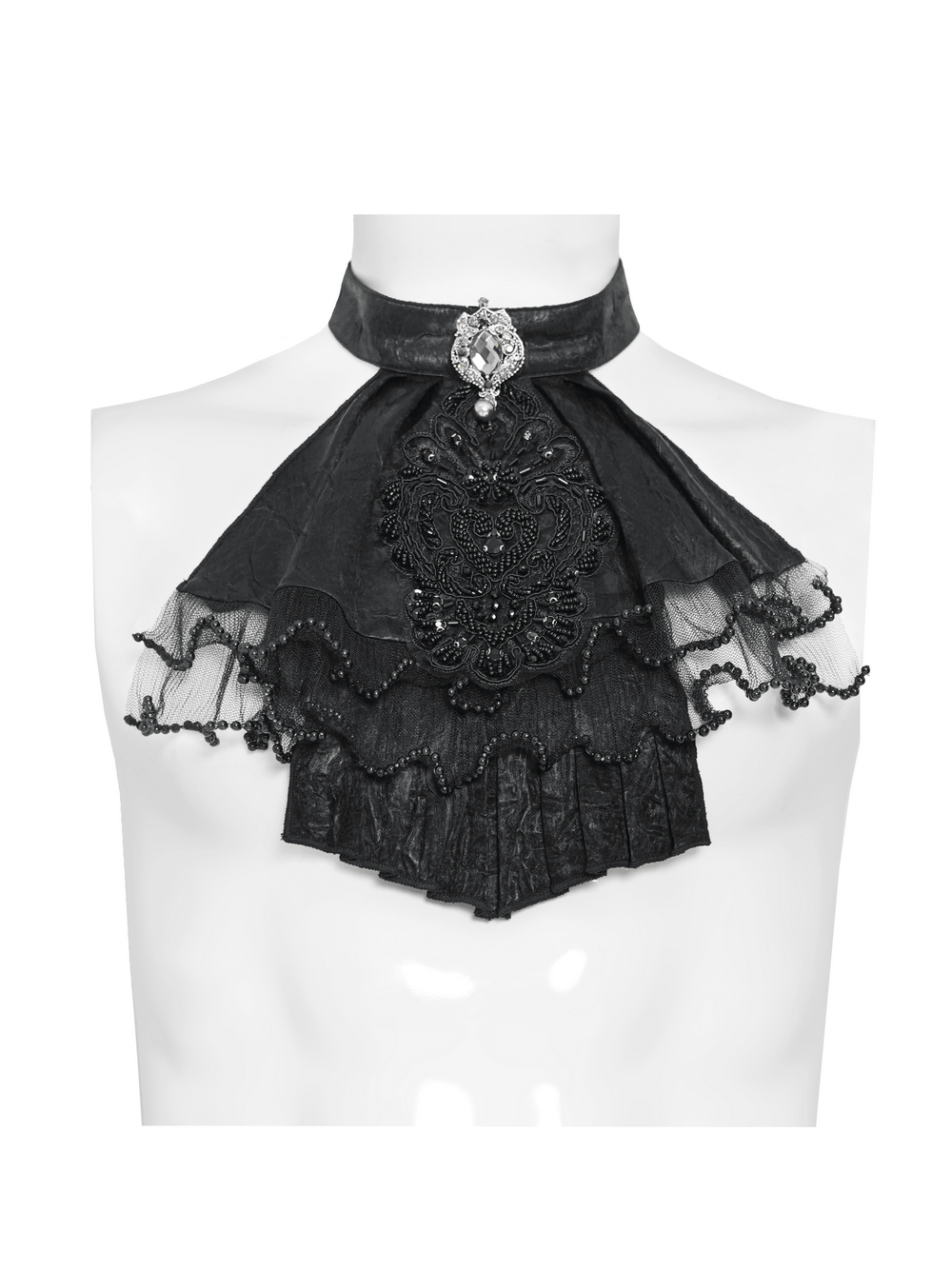 Black Gothic Victorian Jabot Collar With Brooch showcasing intricate lace and beaded details, perfect for dramatic ensembles.