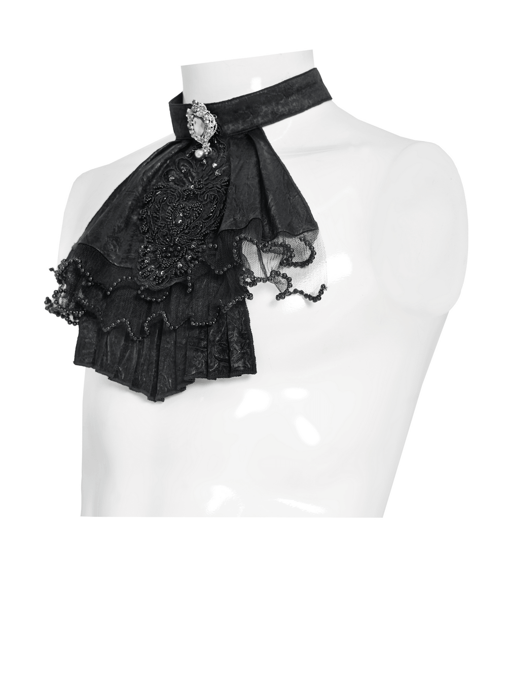Black Gothic Victorian Jabot Collar With Brooch displayed on a mannequin showcasing its elegant design.