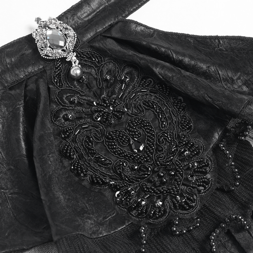 Black Gothic Victorian Jabot Collar With Brooch showcasing intricate black beading and an elegant brooch detail.