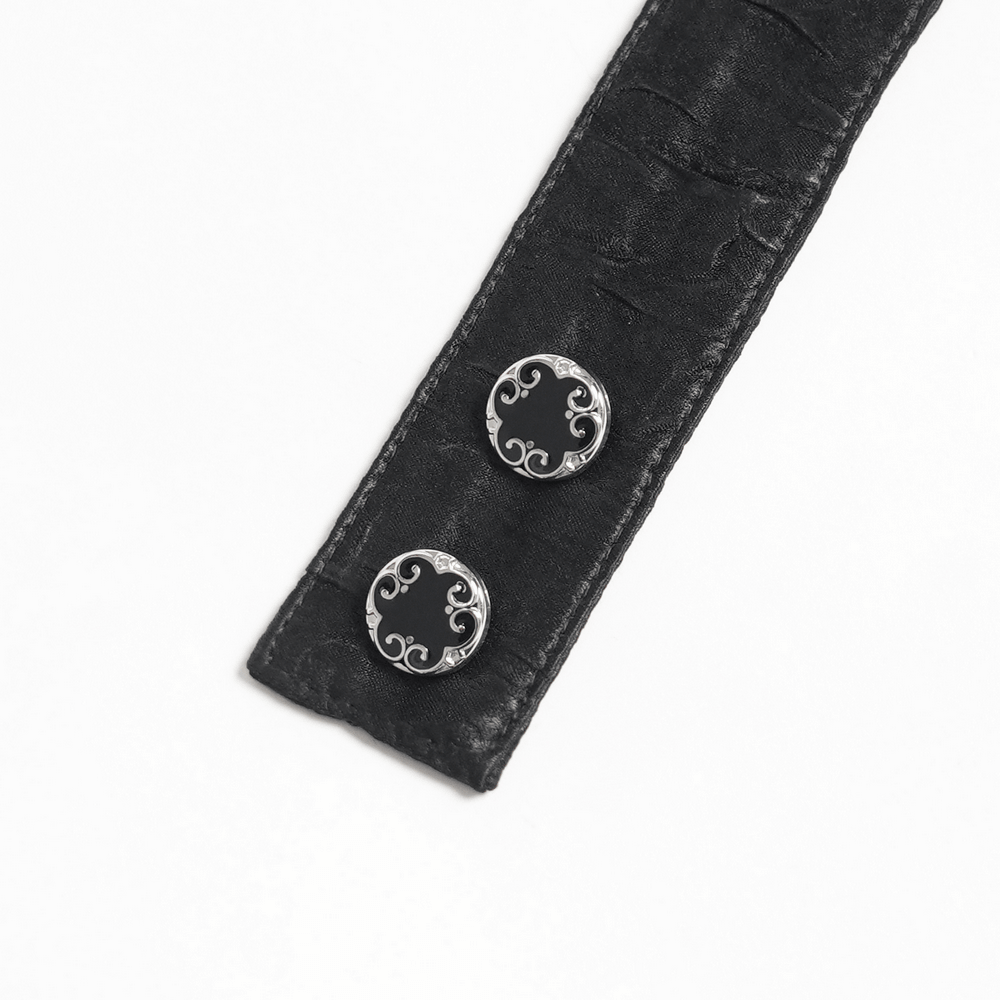 Black Gothic Victorian Jabot Collar With Brooch featuring elegant silver buttons for a classic look.